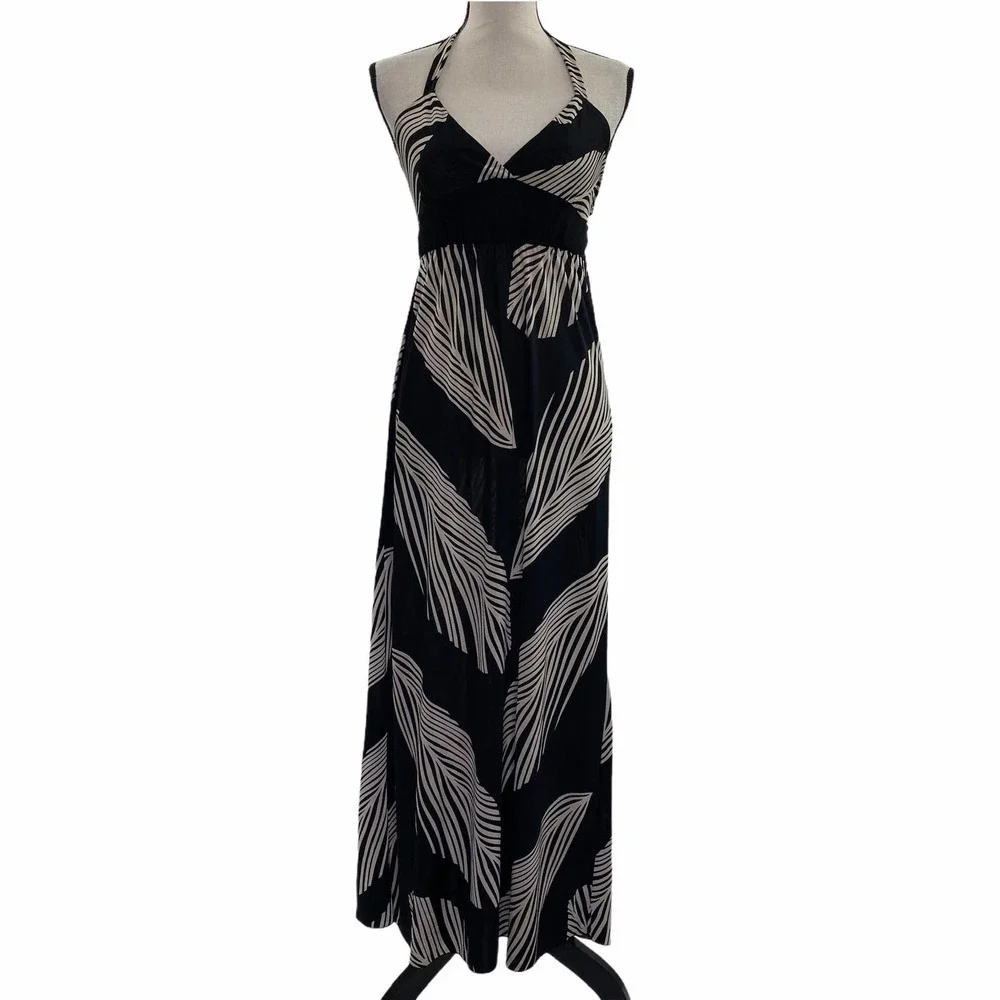 SHEN Jie Black Feather Printed Halter Maxi Dress